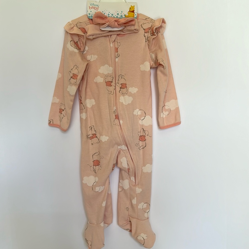 NWT Disney Baby Pink Winnie the Pooh PJs w Matching Headband, Sz 6-9M